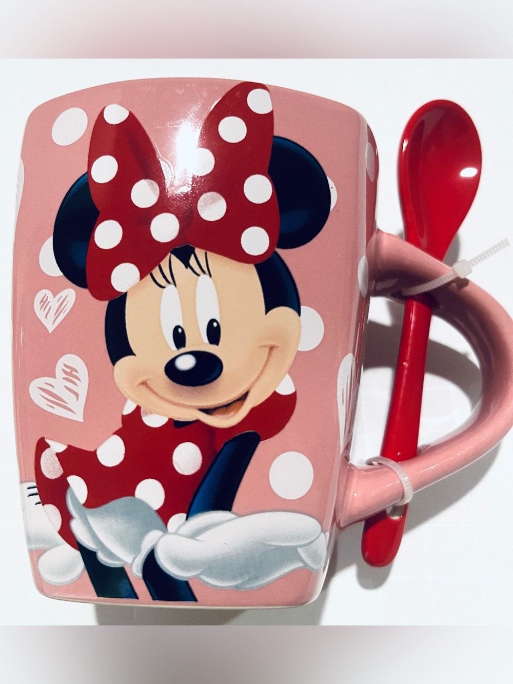 Disney Minnie Mouse Cup-O-Sass NWOT  Pink Ceramic Mug  Polka Dot  &  Red Spoon
